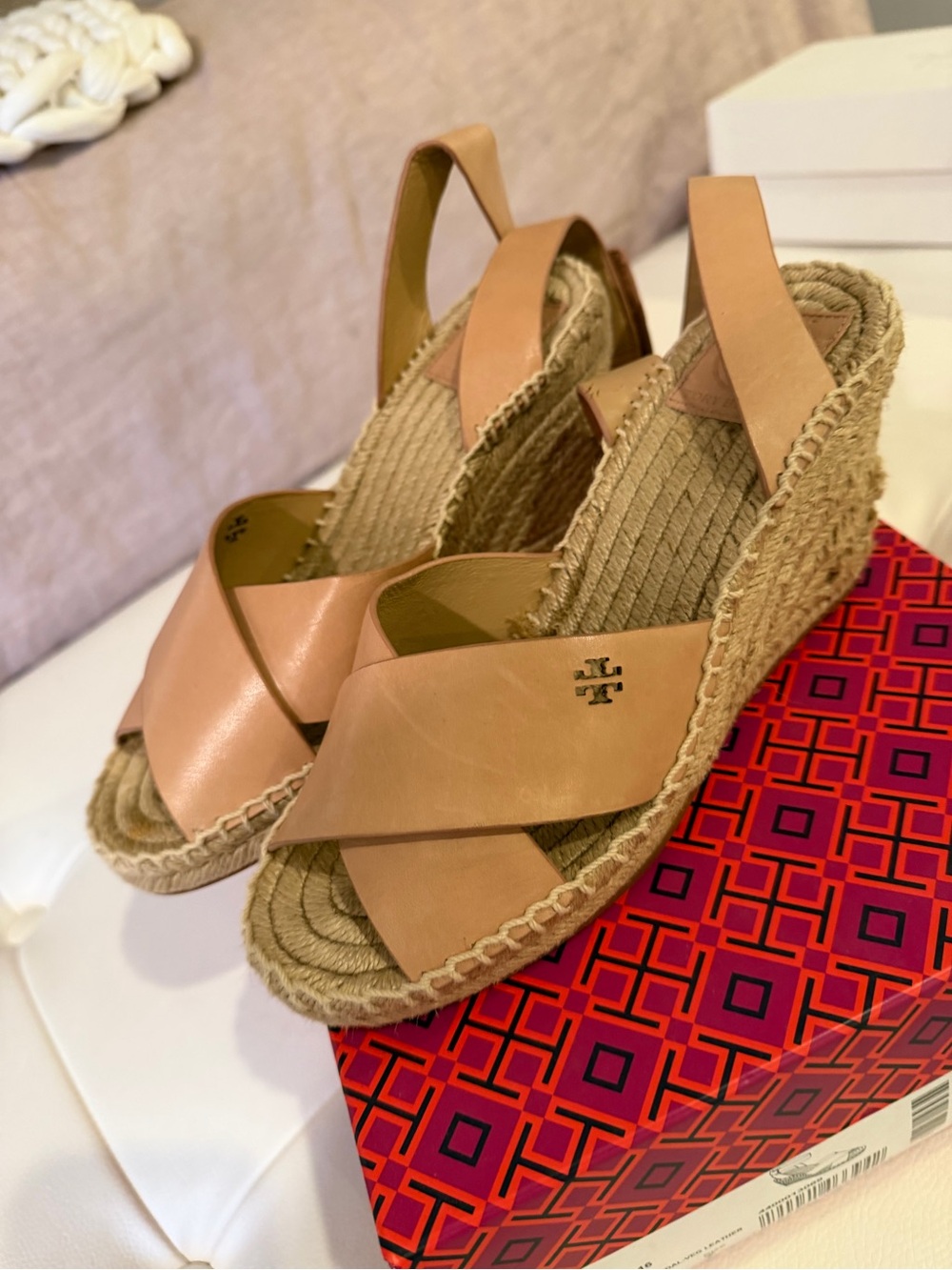 Tory Burch Caramel Leather Espadrille Wedge Sandals - Picture 5 of 5